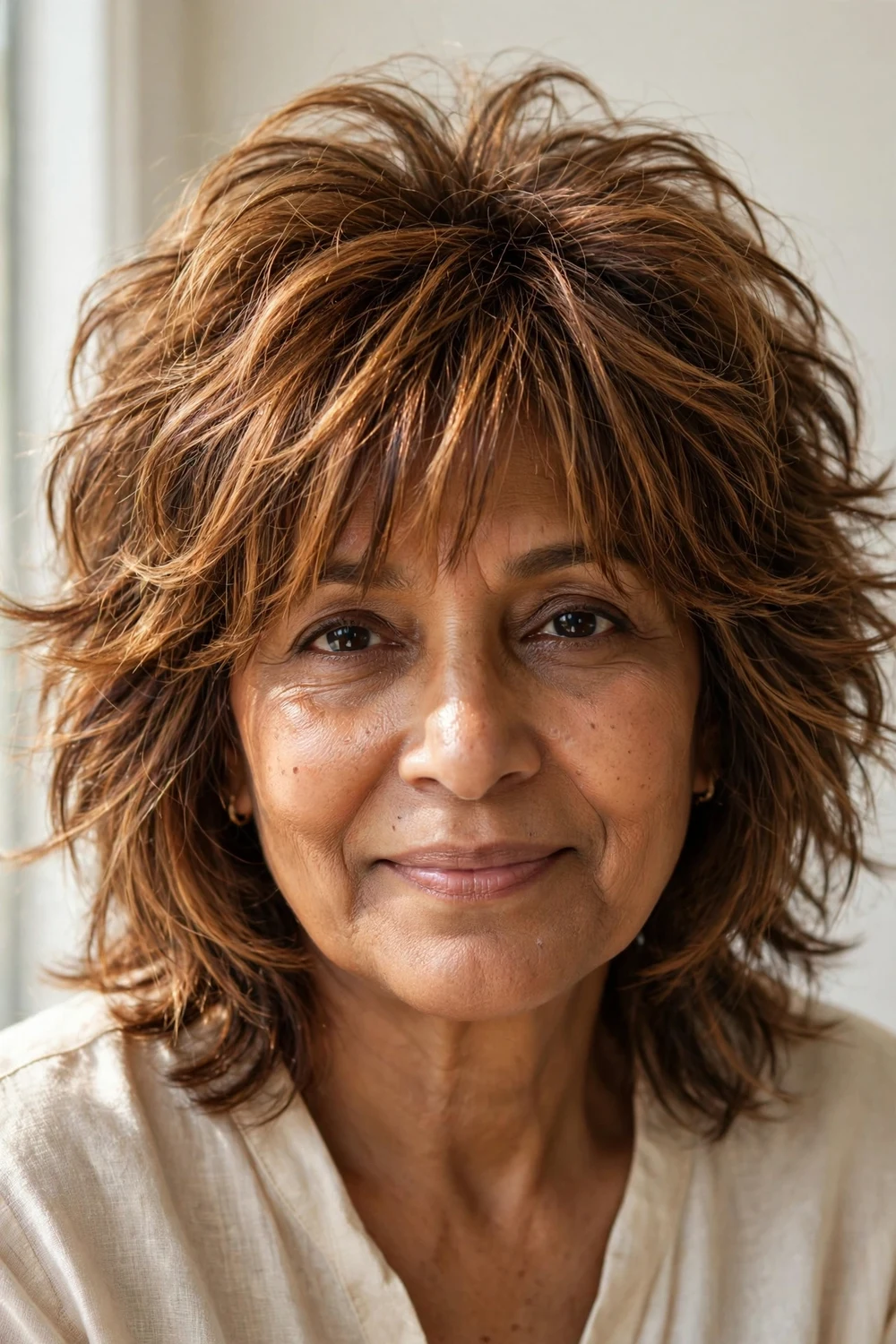 Woman in her late 50s with a warm caramel tousled shag