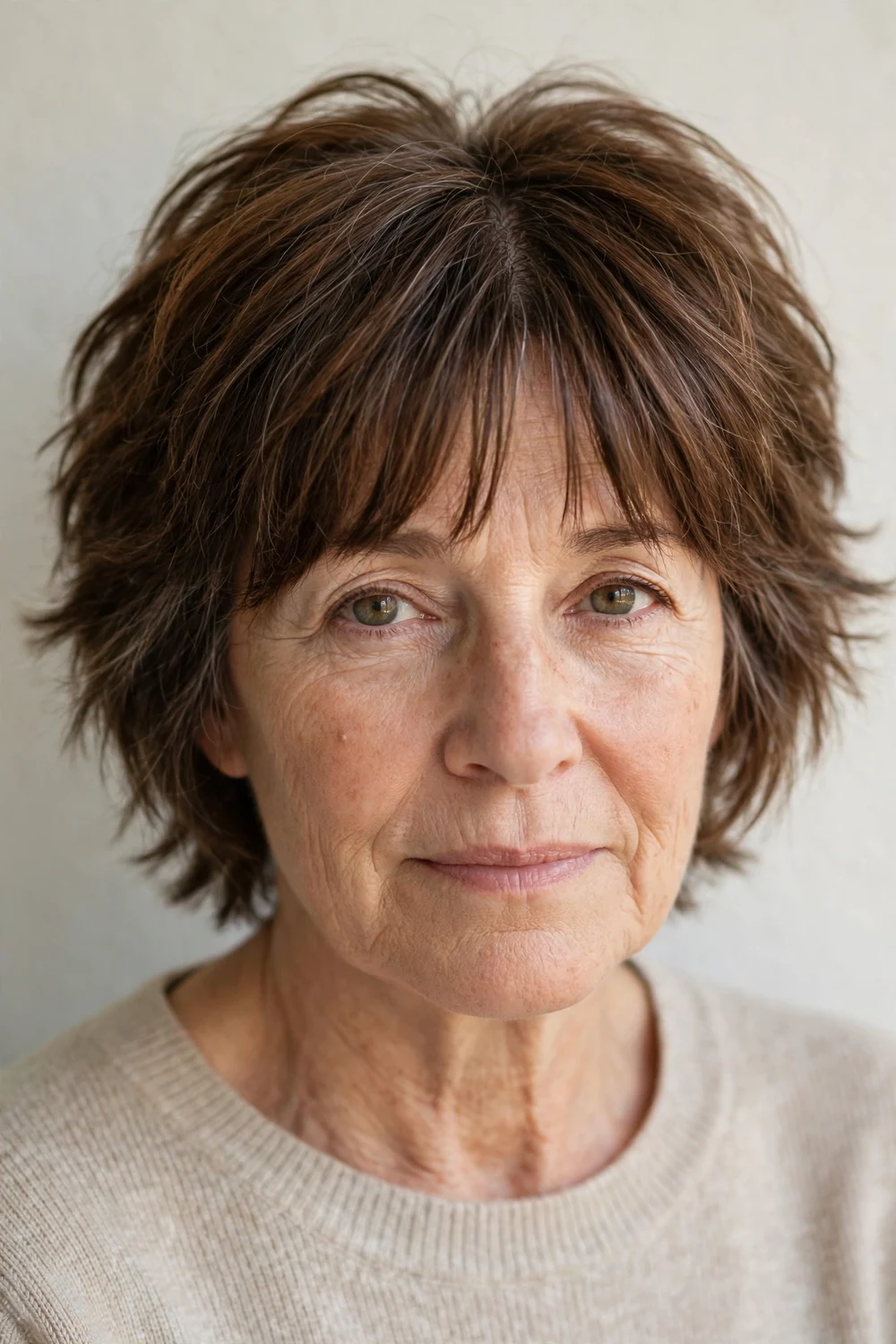 Woman in her late 50s with a warm chestnut chin-length shag