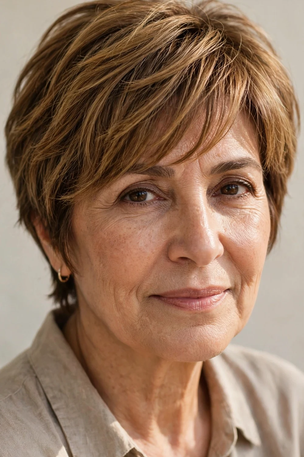 Woman in her late 50s with a warm honey side-swept bang shag