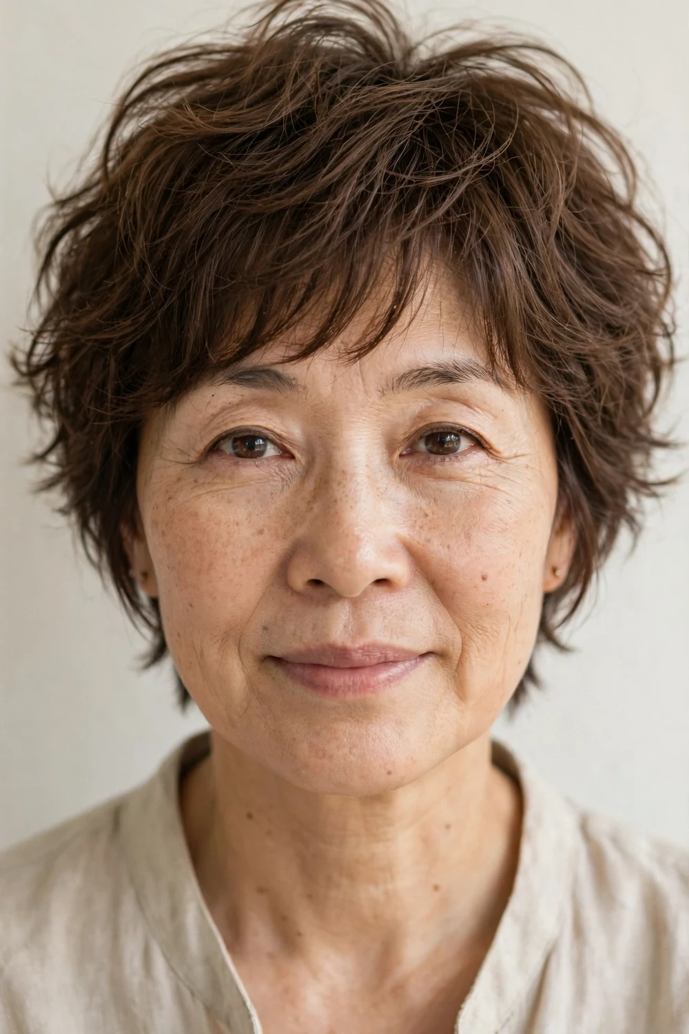 Woman in her early 50s with a wash-and-go air-dry shag
