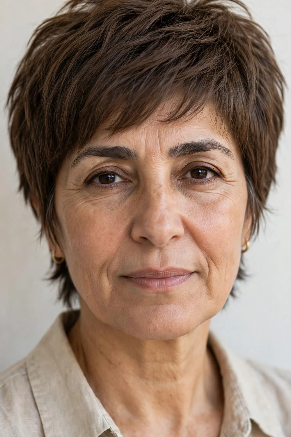 Woman in her mid-50s with a wolf-inspired cool brown shag
