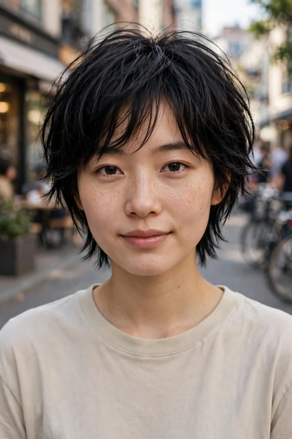 Woman with a short shag haircut with light layers on thin hair