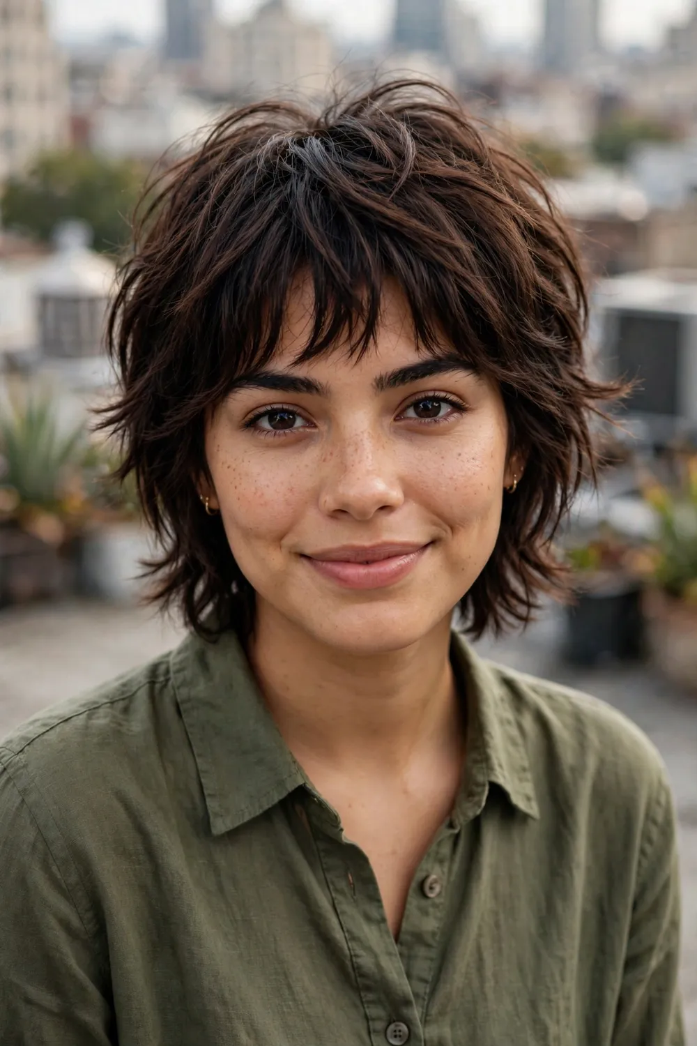 Woman with an oval face wearing a short shag with choppy layers