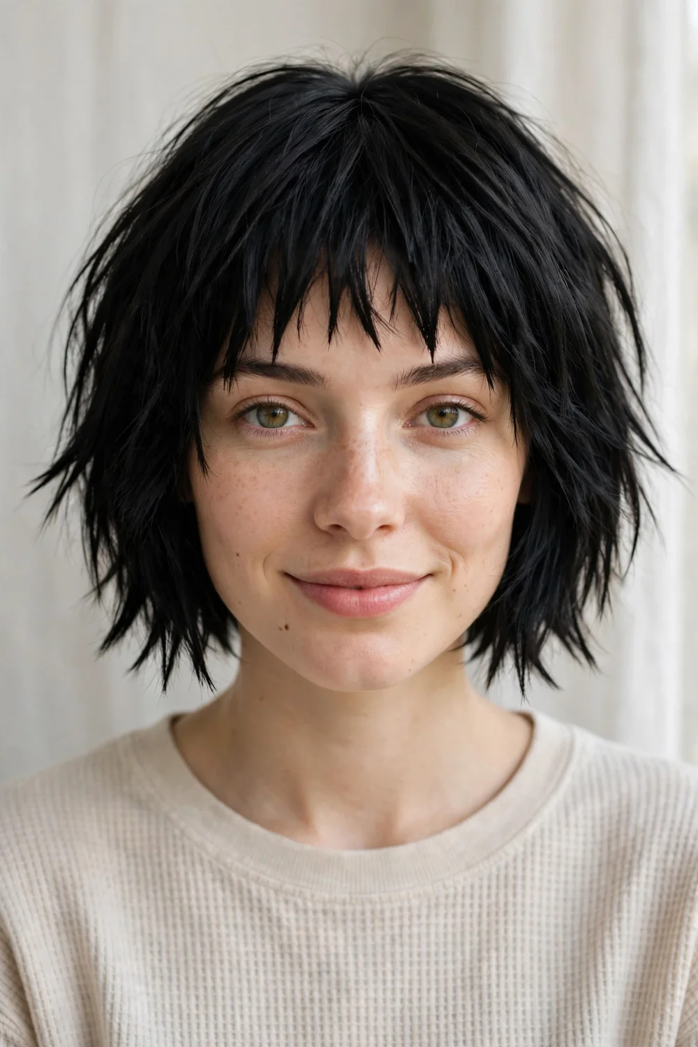 Short shaggy bob haircut with choppy textured bangs