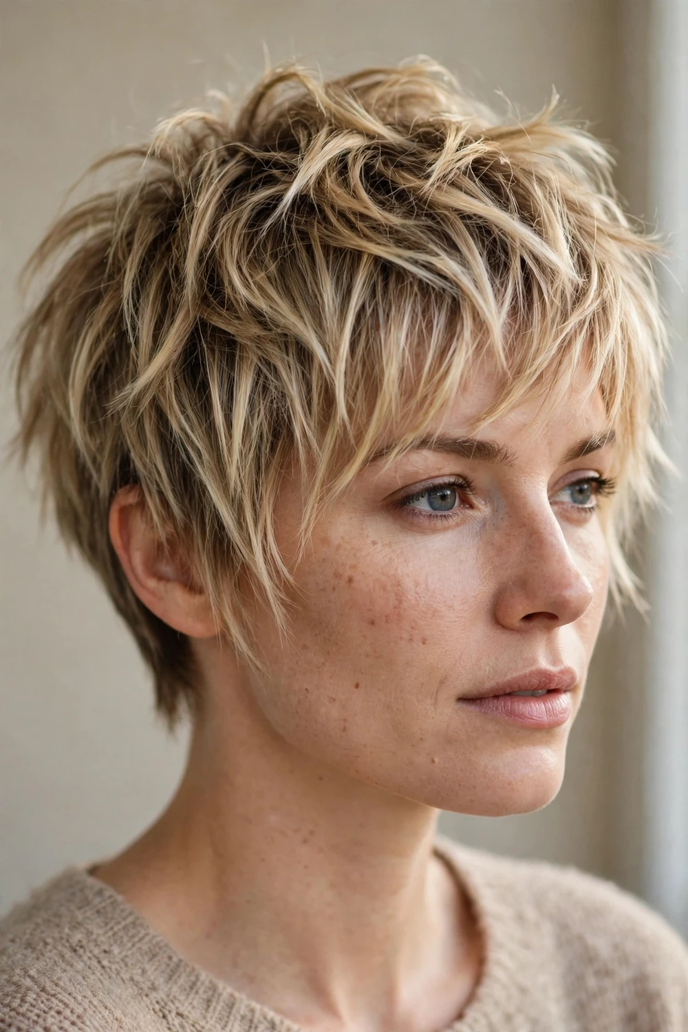 Woman with a choppy blonde shaggy pixie with balayage highlights through the textured layers