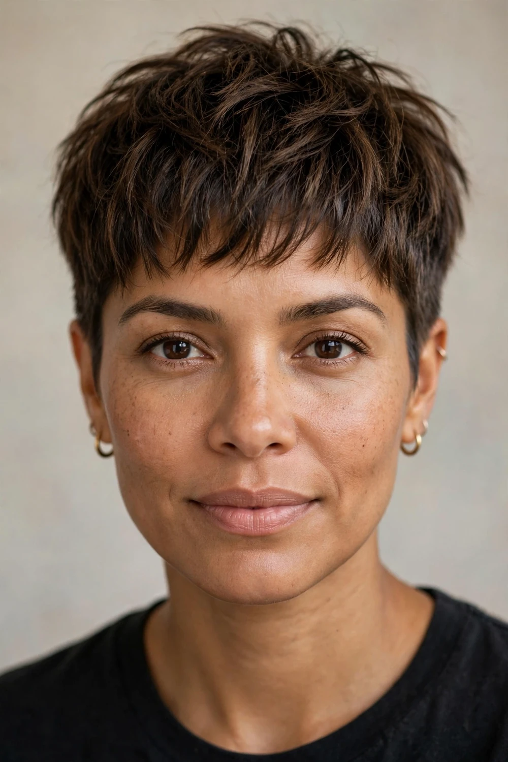 Woman with a classic textured shaggy pixie, choppy layers on top and tapered sides