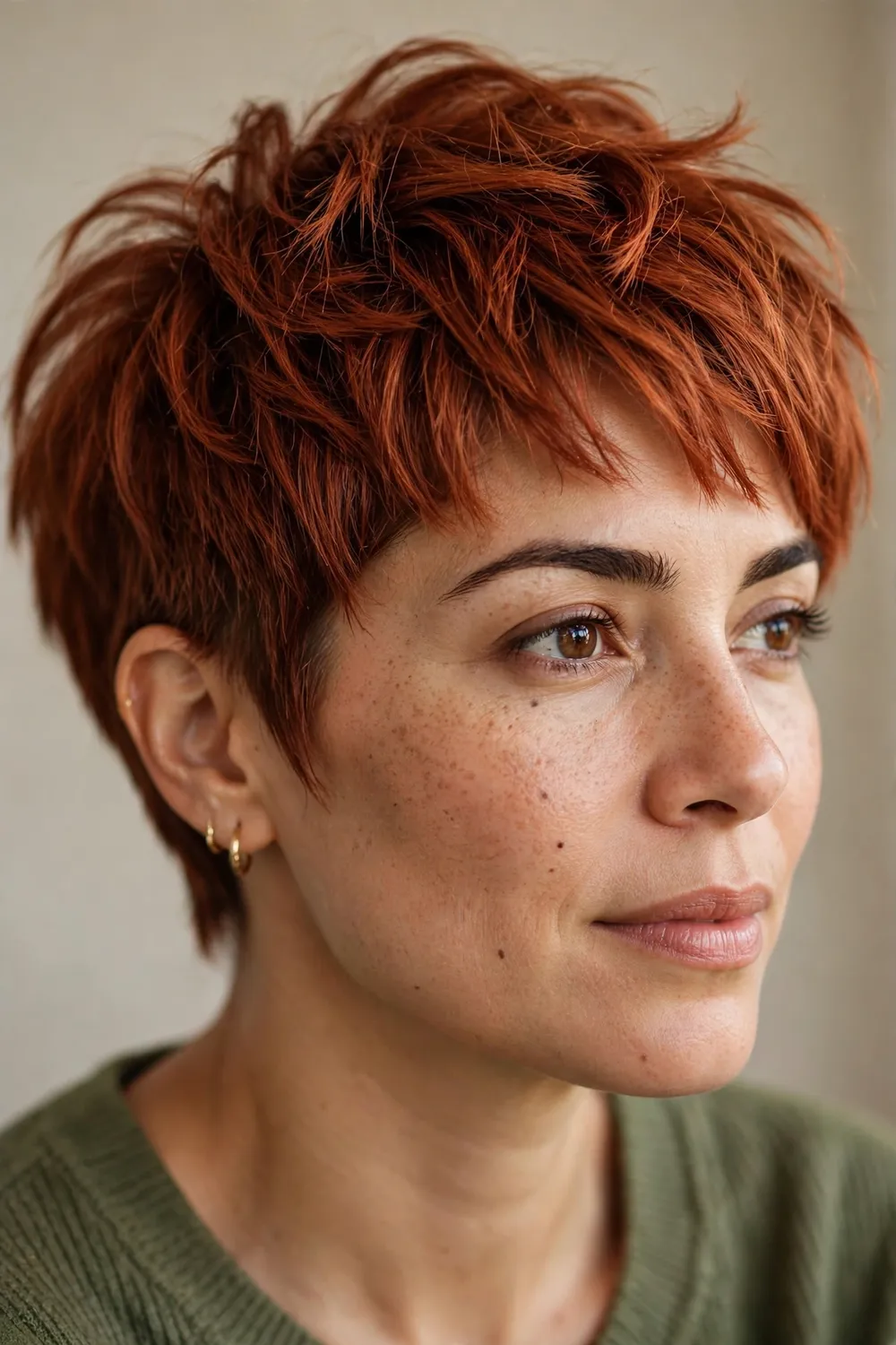 Woman with a copper red shaggy pixie, warm textured layers with choppy ends