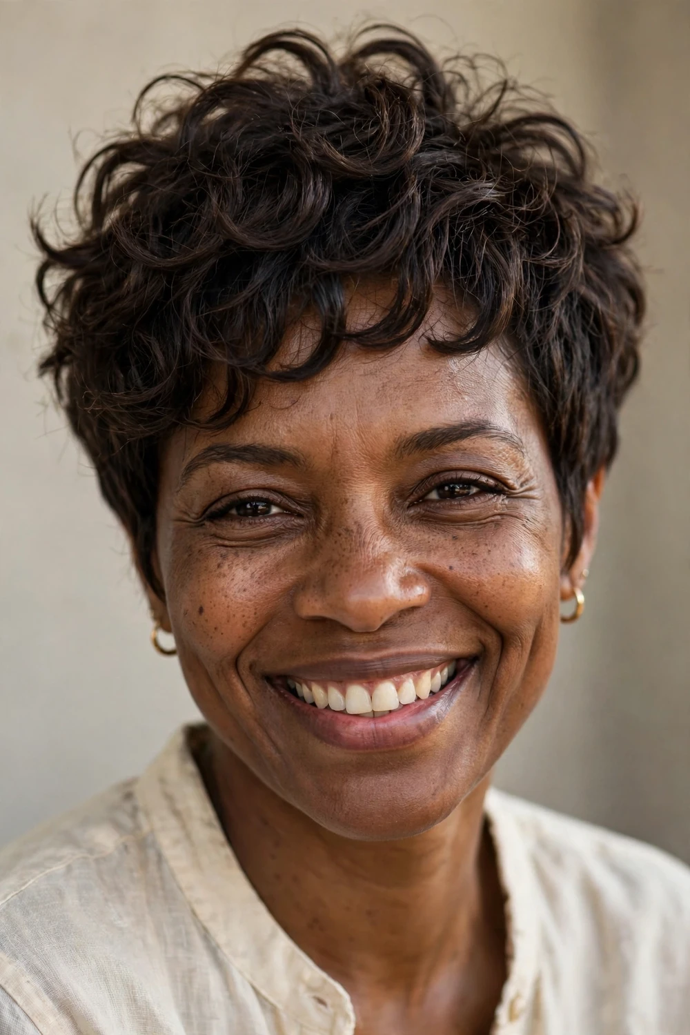 Woman with a curly shaggy pixie, defined curls with volume on top and neat tapered sides