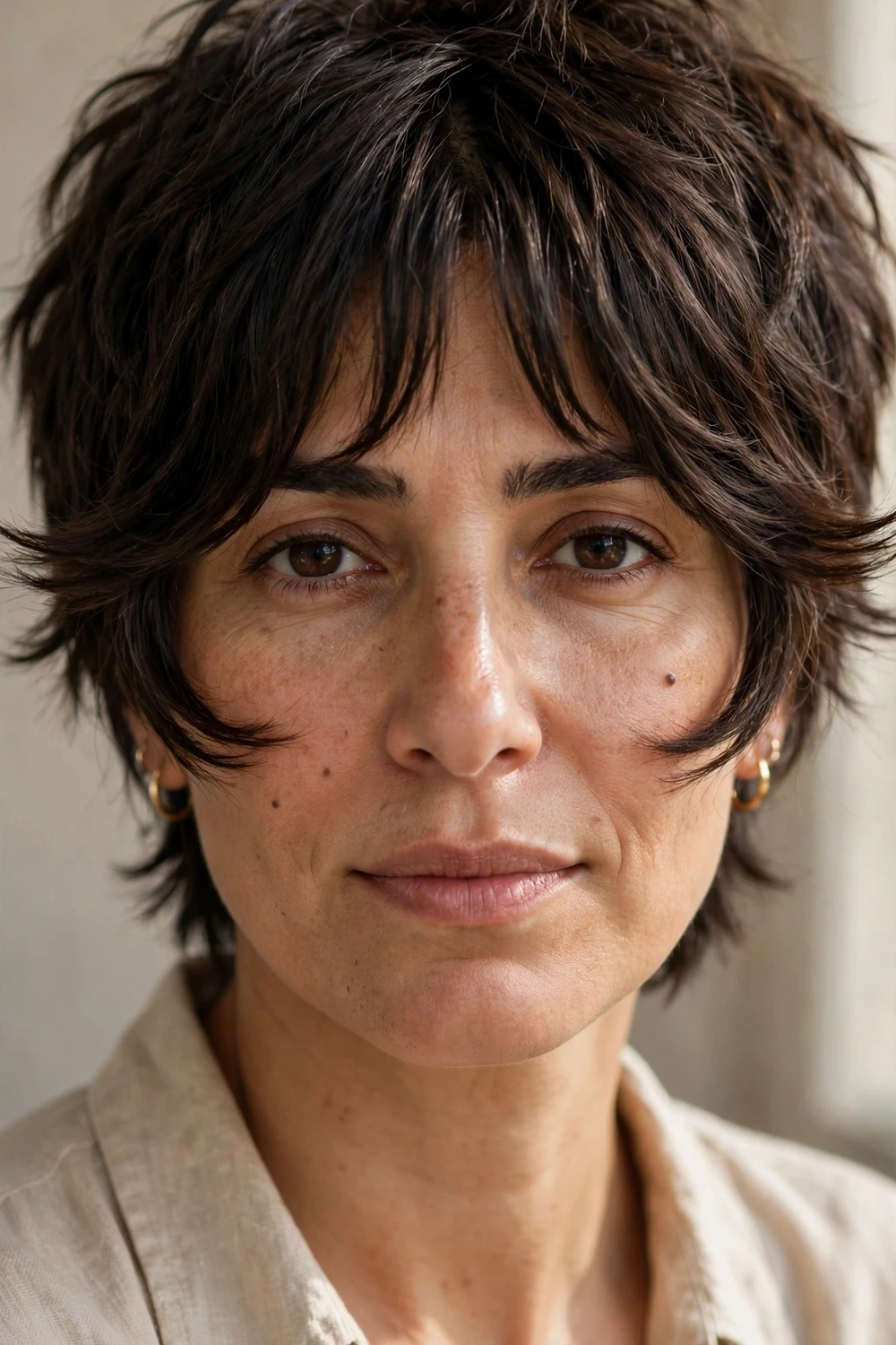 Woman with a shaggy pixie and curtain bangs parted in the center, sweeping to the cheekbones