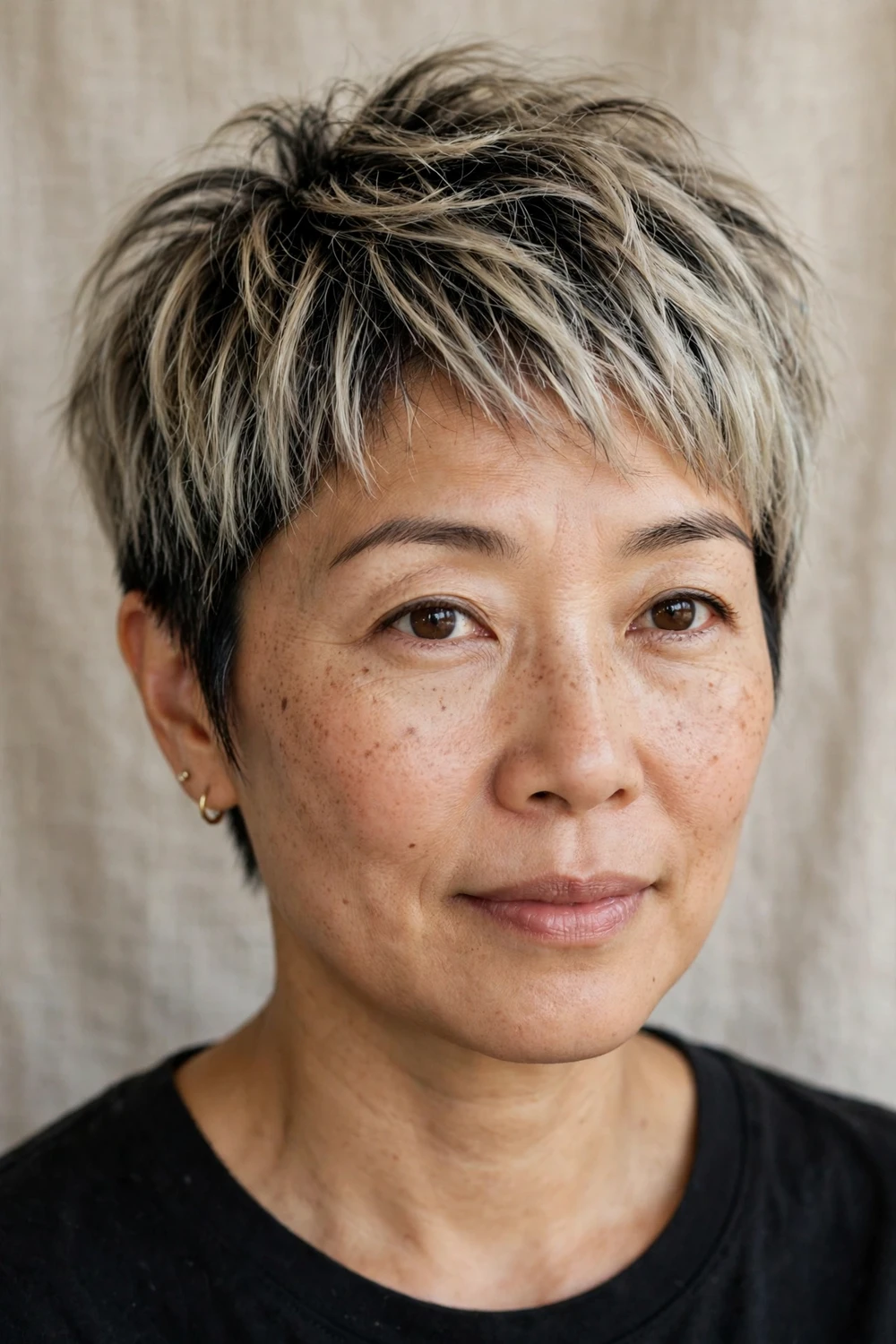 Woman with a shaggy pixie with dark roots fading into ash blonde textured layers