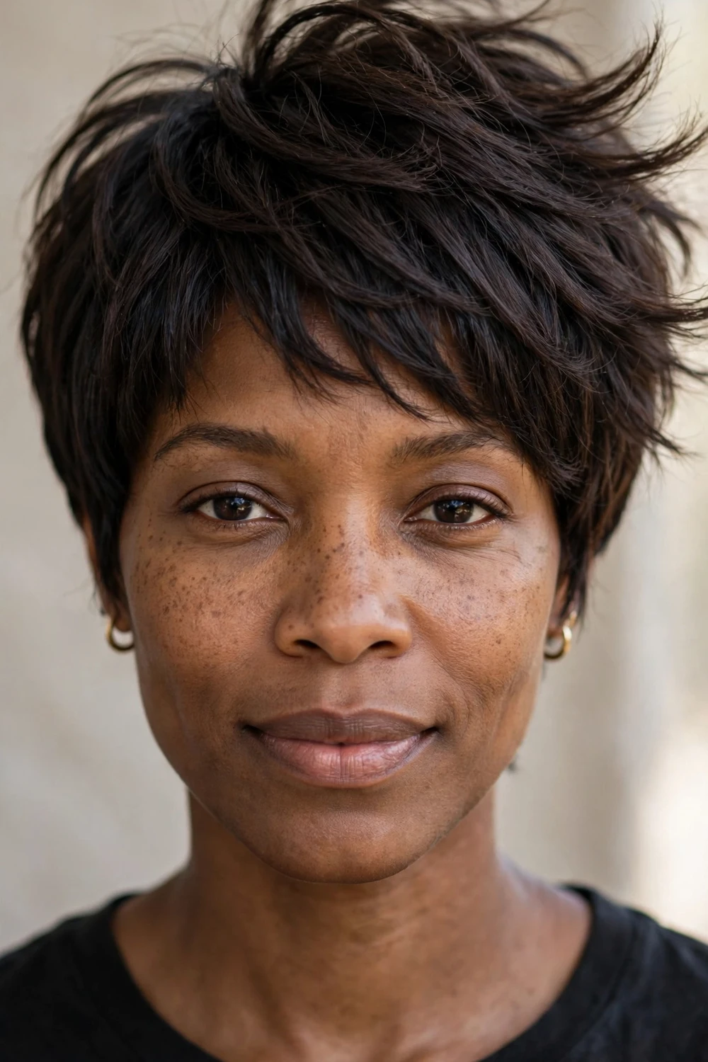 Woman with thick hair in a debulked shaggy pixie, thinned interior layers with controlled volume