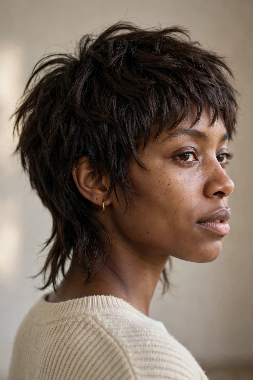 Woman with a shaggy pixie with a longer textured nape, short choppy top and longer back