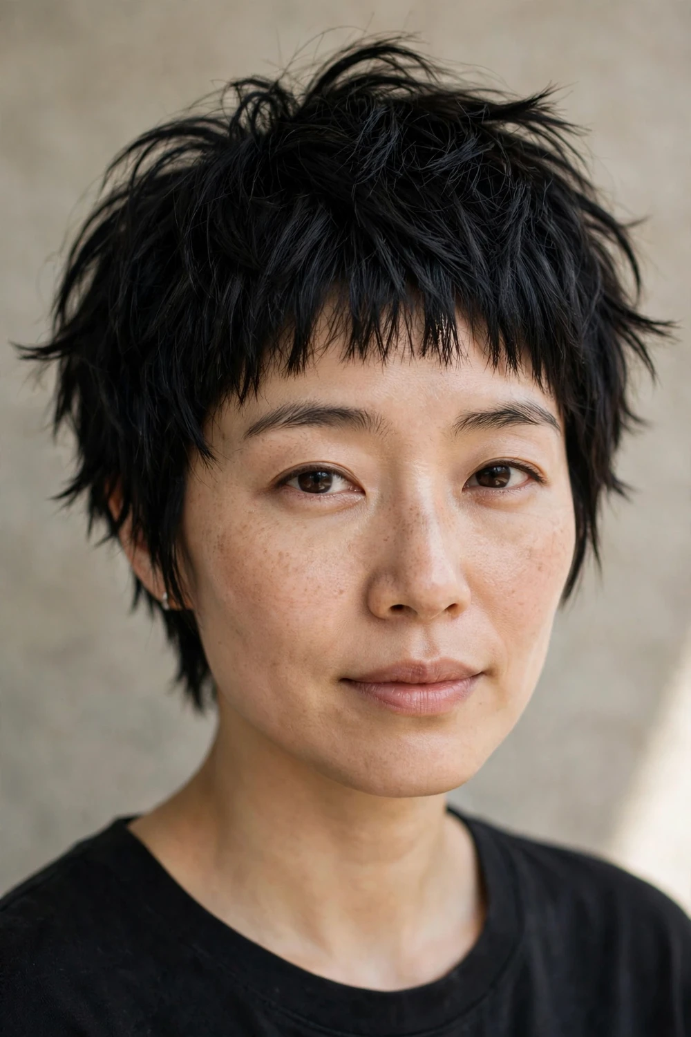 Woman with a shaggy pixie and short micro fringe above the brows, jet black textured hair