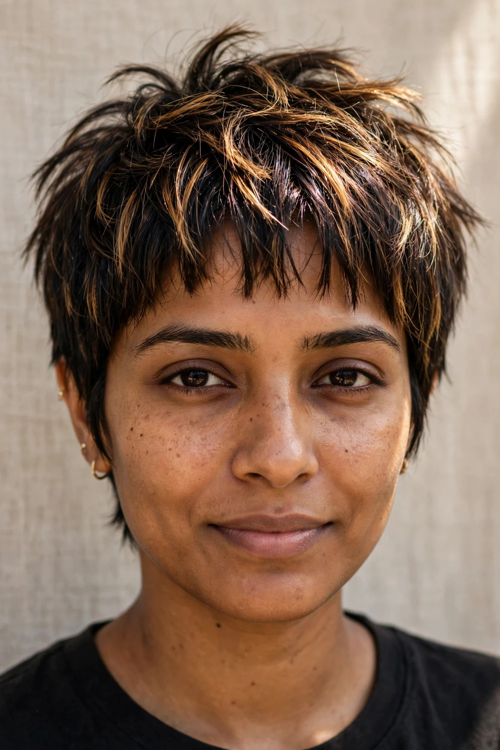 Woman with a shaggy pixie and piecey separated fringe, caramel balayage catching the light
