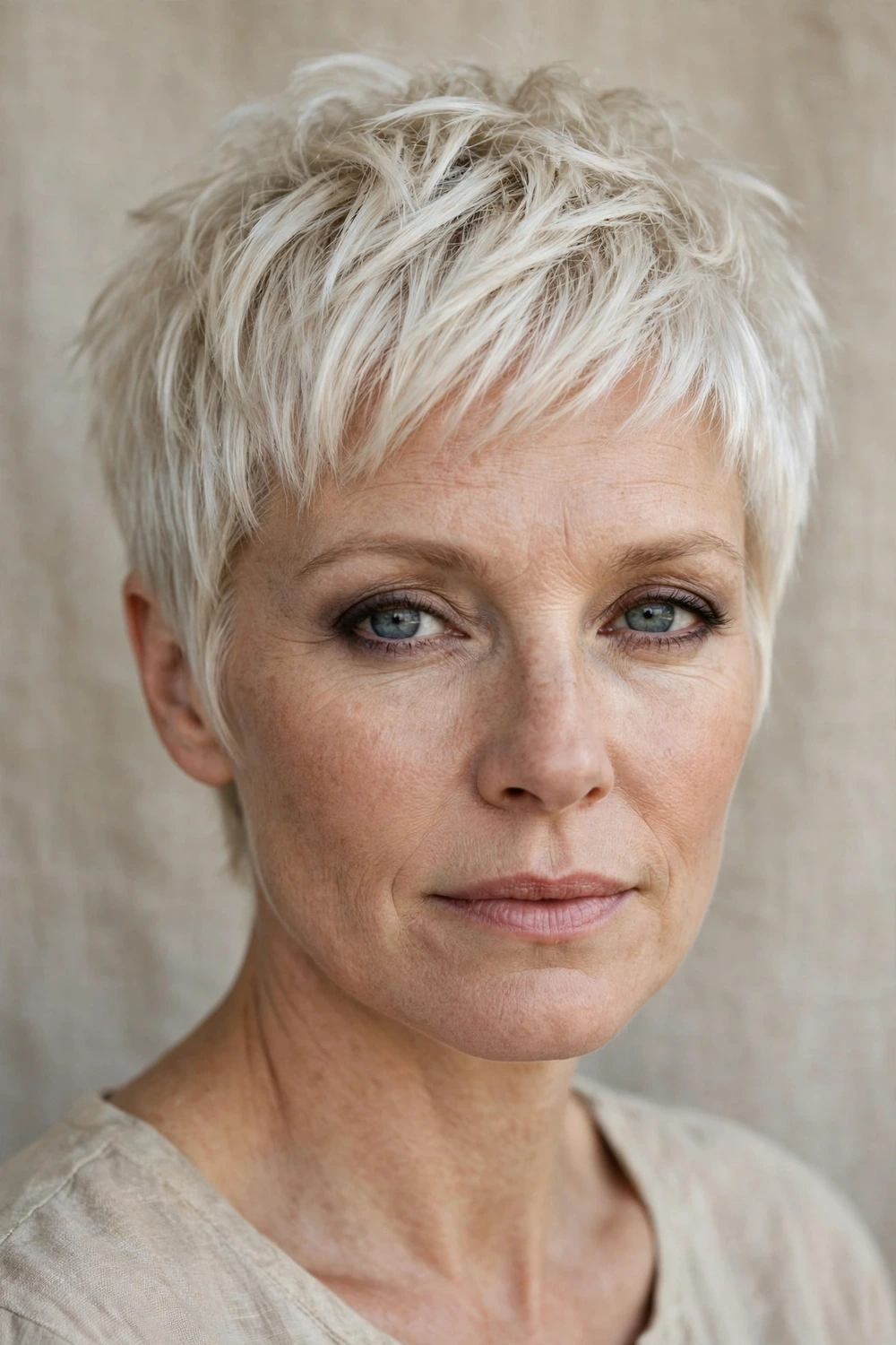Woman with a platinum blonde shaggy pixie, bleached textured layers with soft edges