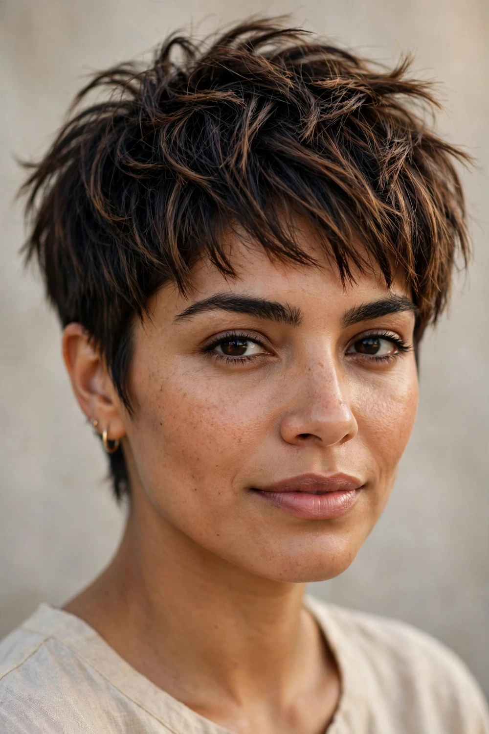 Woman with a razored shaggy pixie, sharp feathered ends with strong piecey texture