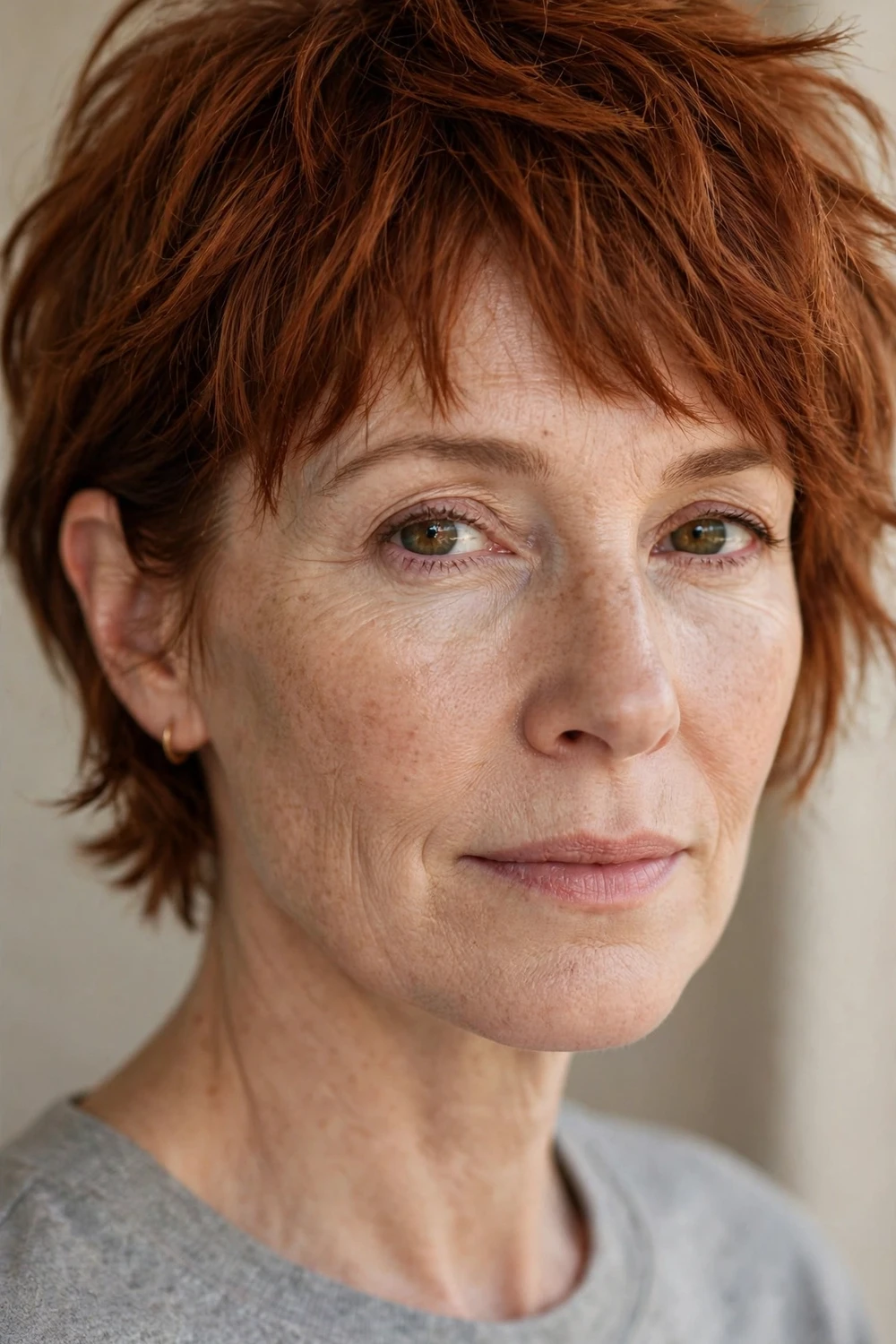 Woman with a shaggy bixie, bob-pixie hybrid with choppy shag layers at nape length