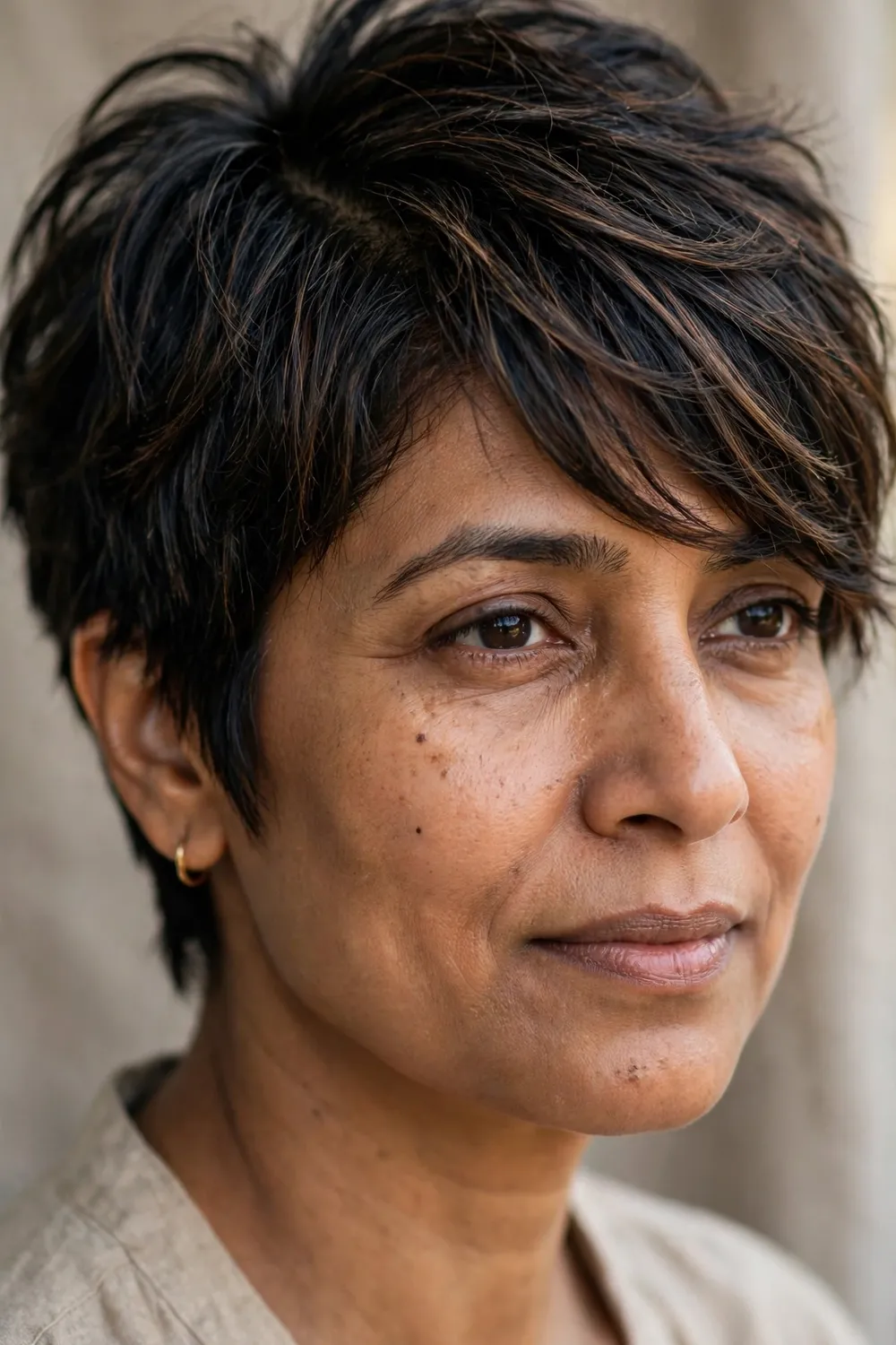 Woman with a side-swept shaggy pixie, long fringe swept across the forehead from a deep part