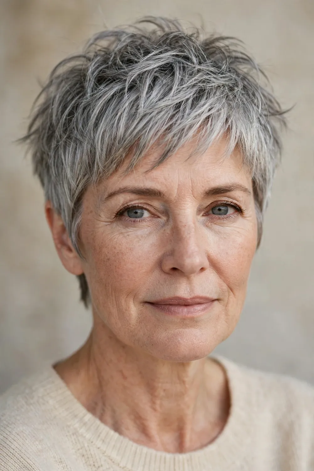 Woman in her 50s with a silver shaggy pixie, choppy textured layers in natural gray