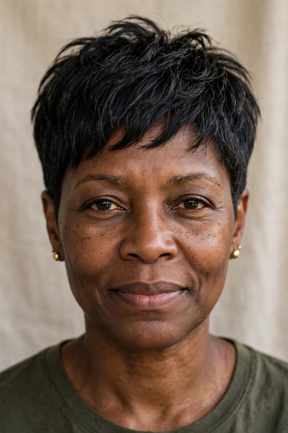 Woman with a tapered shaggy pixie, clean tapered sides and back with textured choppy top