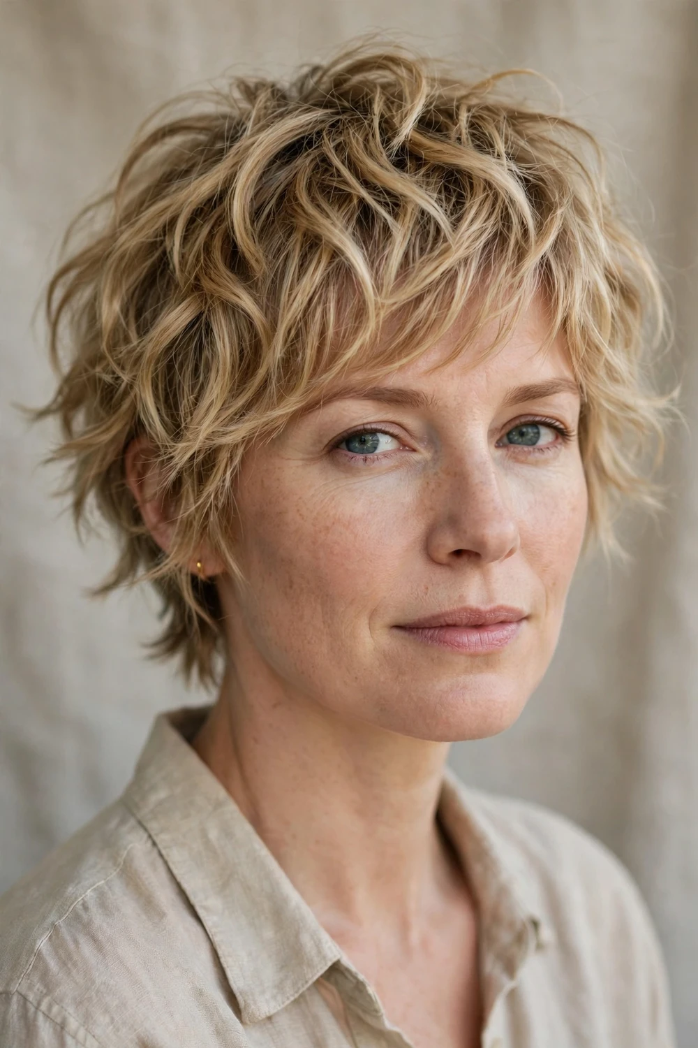 Woman with a tousled wavy shaggy pixie, loose natural waves with textured layers