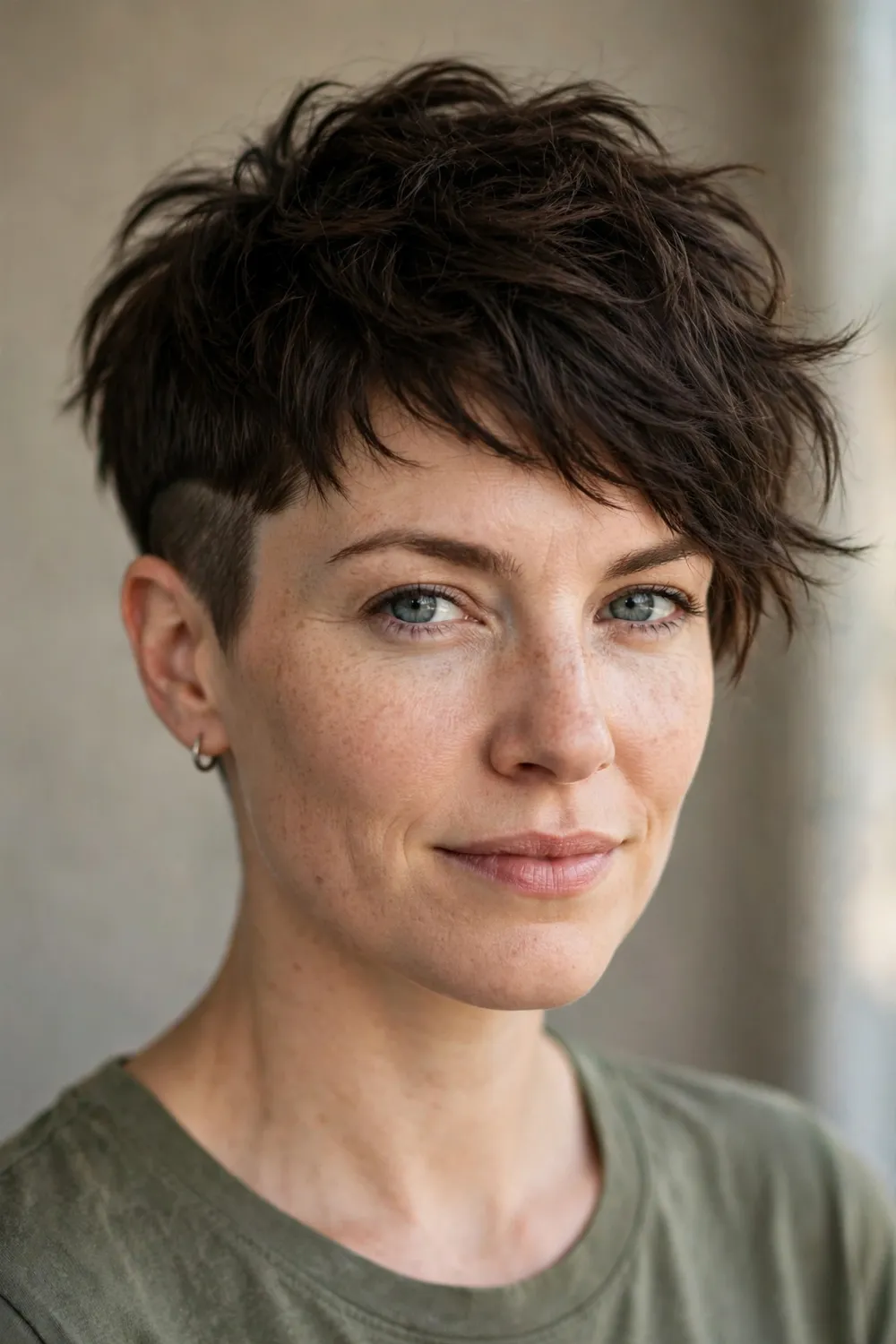 Woman with an undercut shaggy pixie, shaved sides with long choppy layers on top