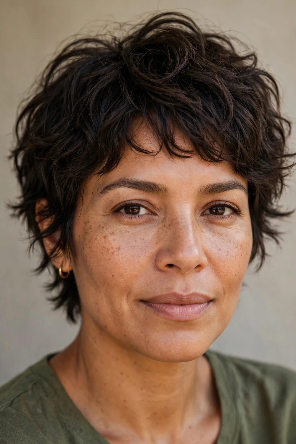 Woman with a wash-and-go shaggy pixie, natural air-dried texture with effortless layers