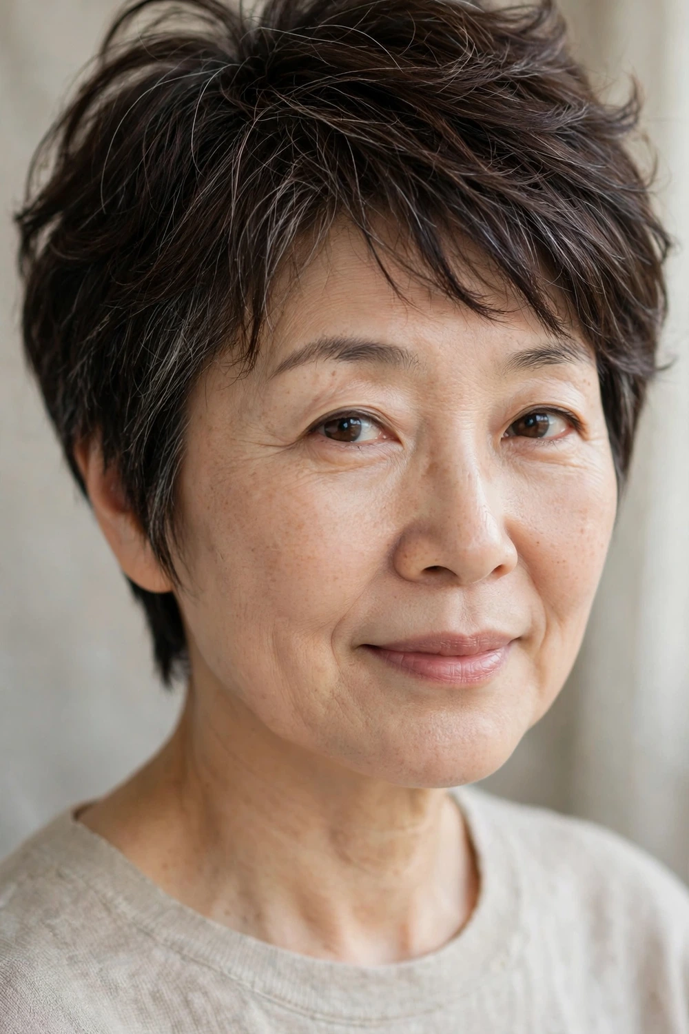 Woman with fine hair in a wispy shaggy pixie, light feathered layers with soft volume