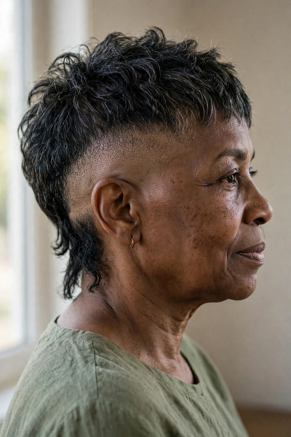 Older Black woman with a short shaved mixie with longer nape pieces