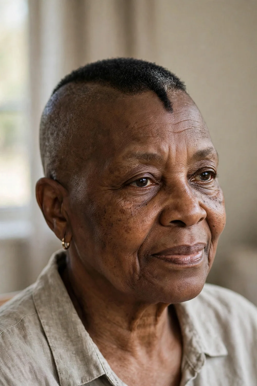 Older Black woman with a short shaved mohawk and close sides