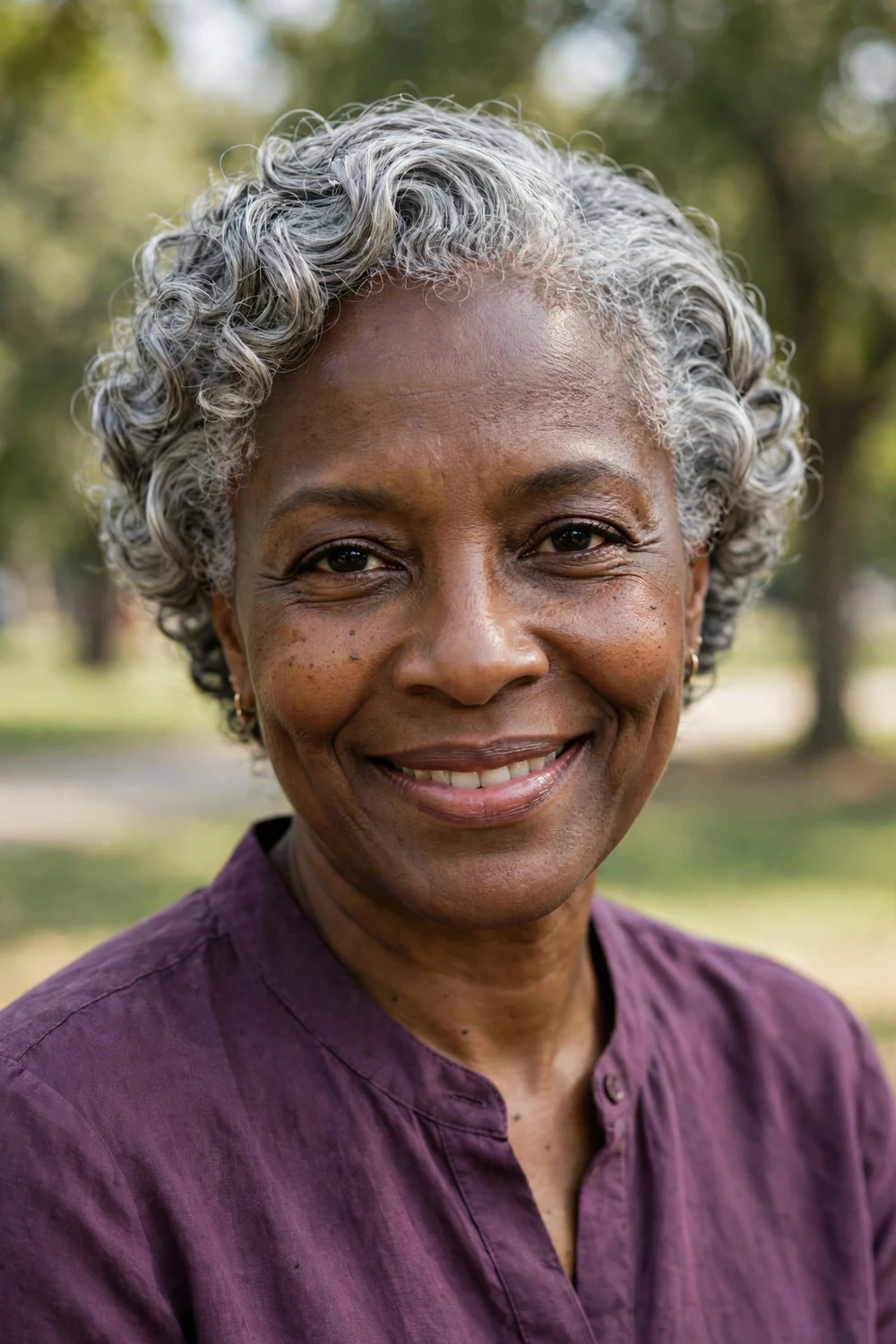 Older woman with an oval face wearing short silver curls with the sides swept back