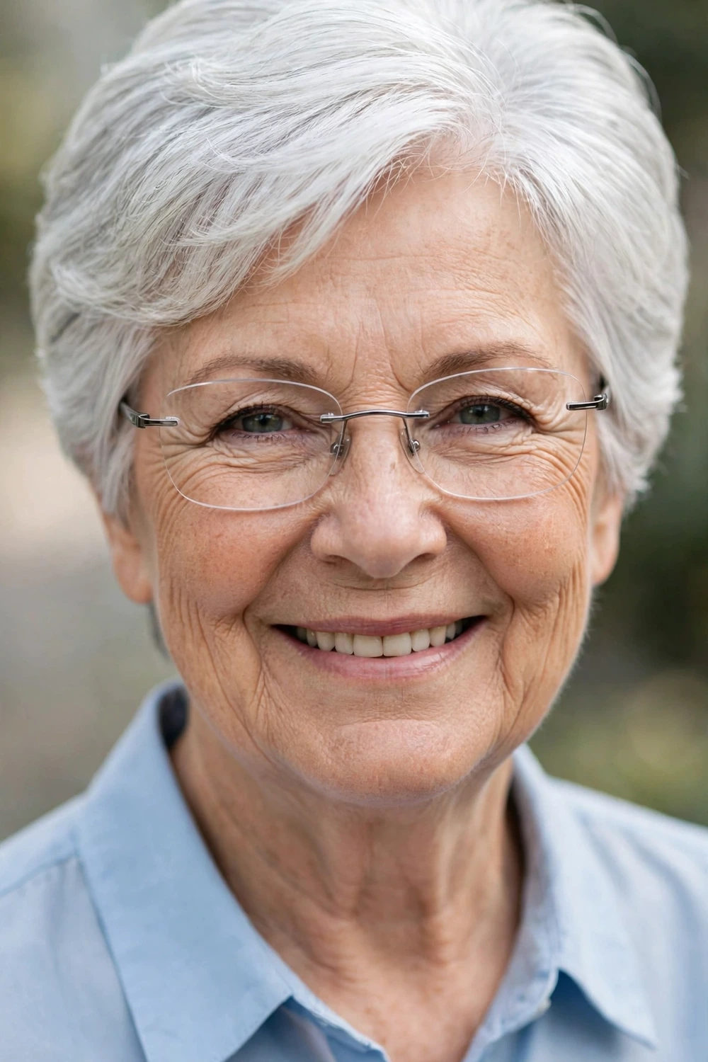 Short stacked bob on a woman over 60 wearing glasses