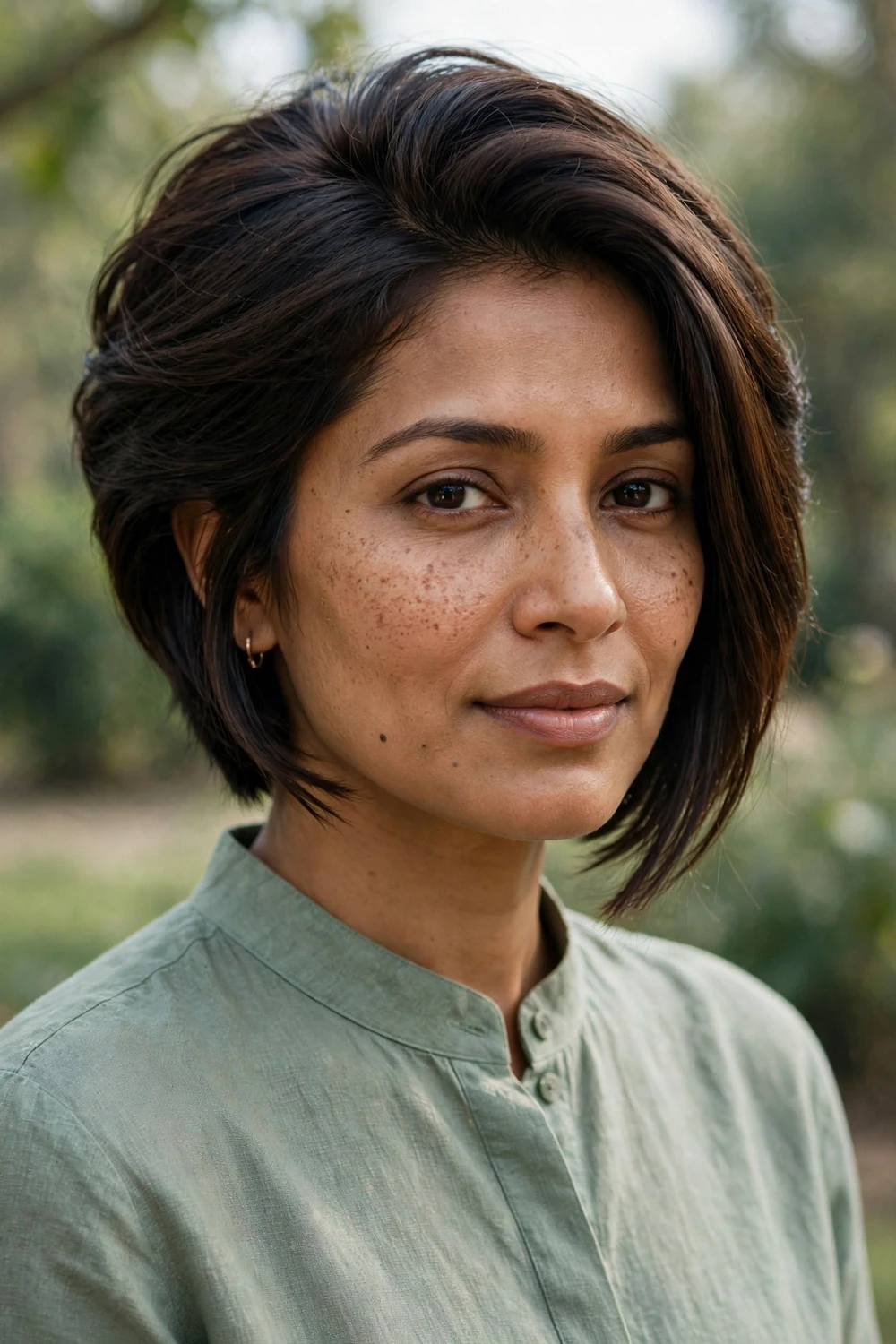 Woman with an angled stacked bob with a stacked back and long front pieces