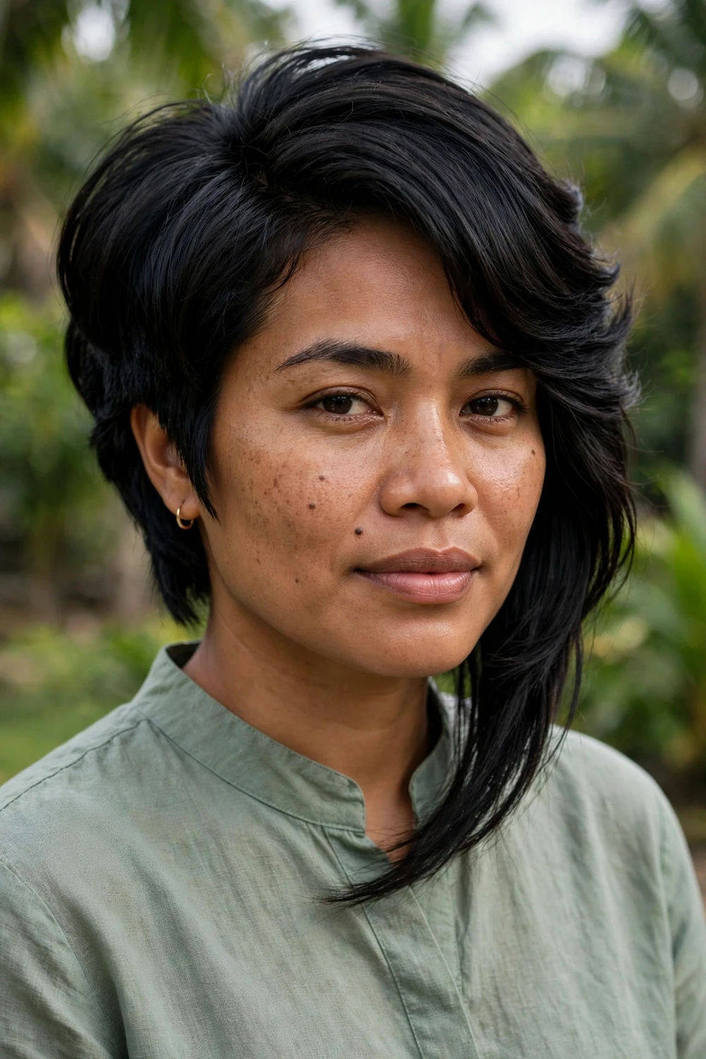Woman with an asymmetrical stacked bob with one side longer and stacked back