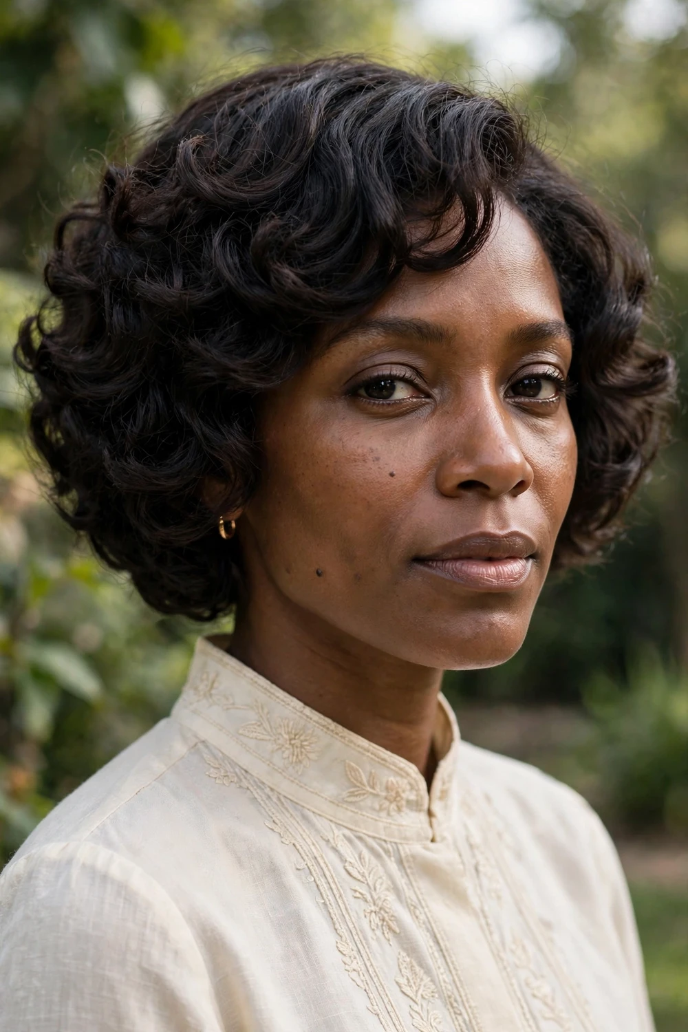 Woman with a curly stacked bob with defined curls and rounded volume