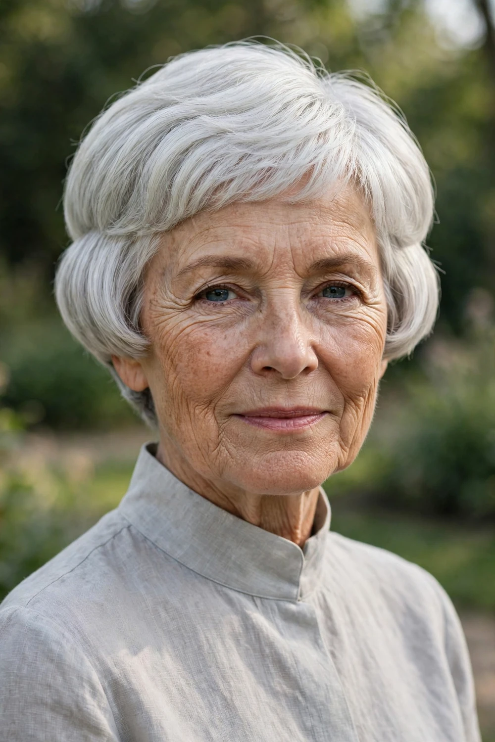 Woman with an extra-short stacked bob with a cropped rounded shape