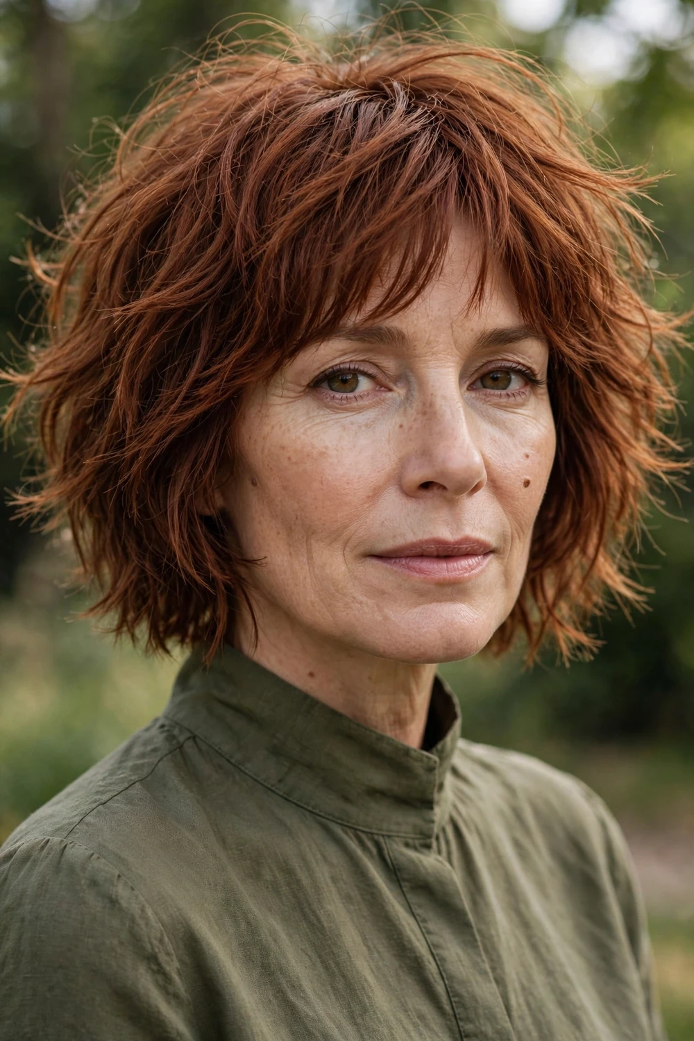 Woman with a shaggy stacked bob with choppy texture and tousled layers