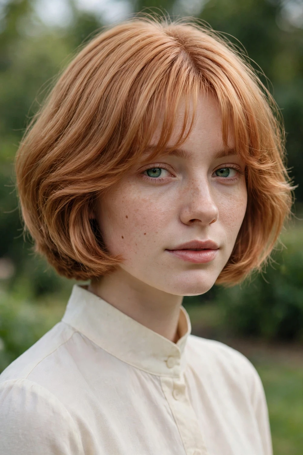 Woman with a stacked bob with soft curtain bangs framing the face