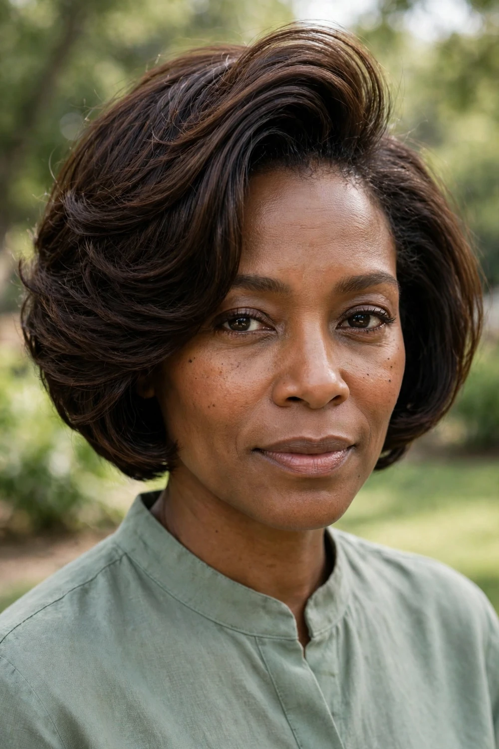 Woman with a stacked bob with a deep side part and lifted crown volume