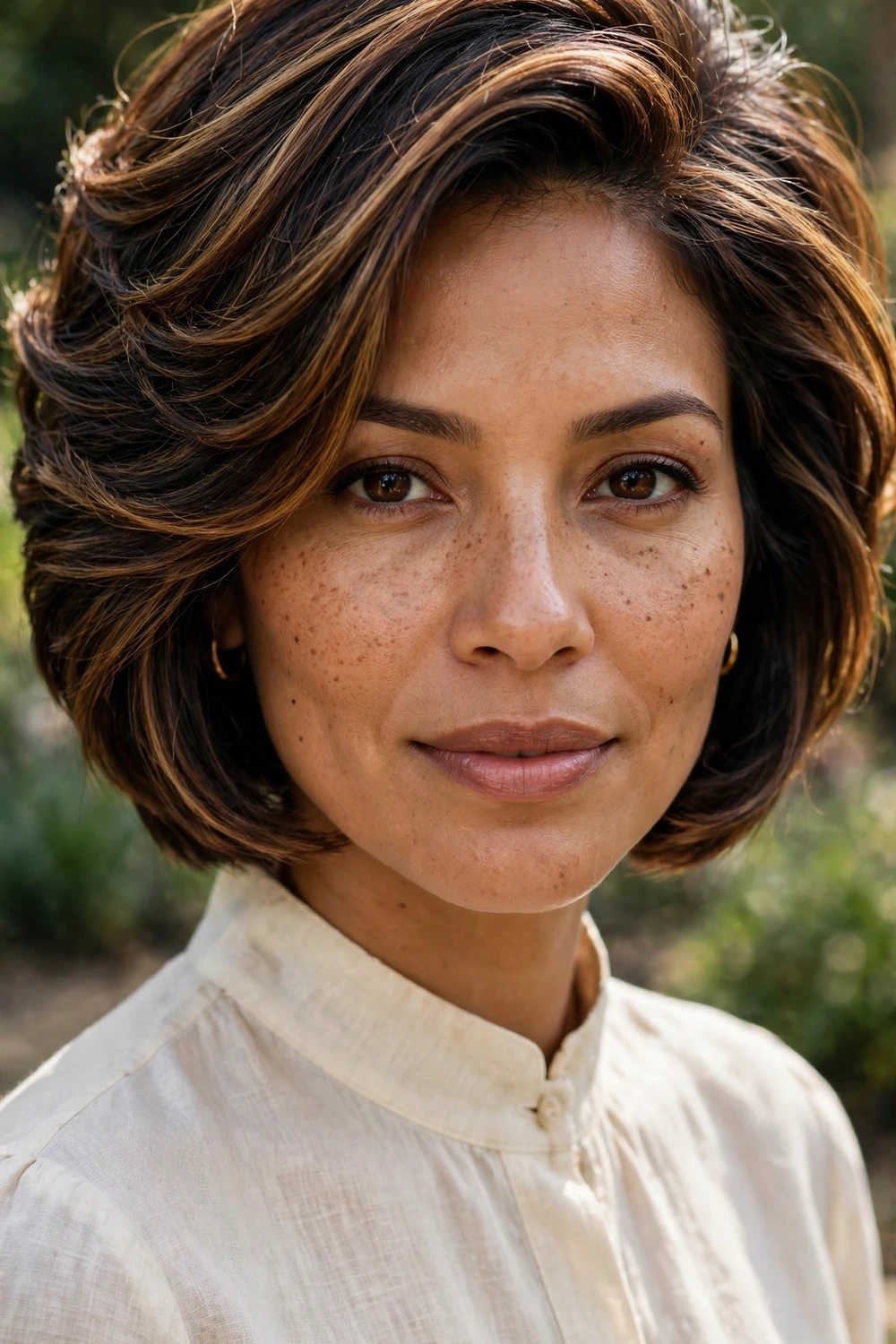 Woman with a stacked bob with dimensional blonde highlights showing off the layers