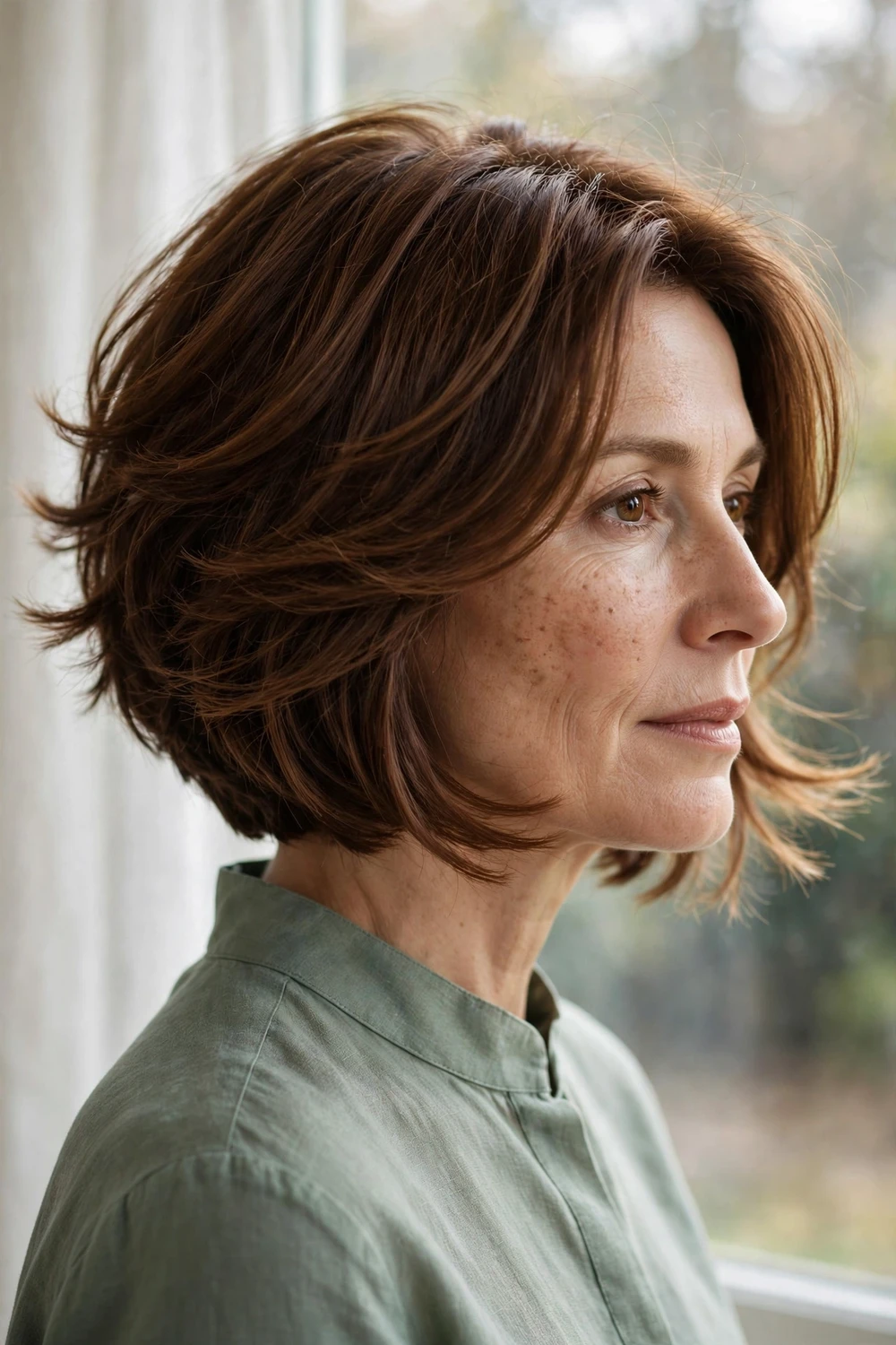 Woman with a stacked bob with soft feathered layers and airy movement