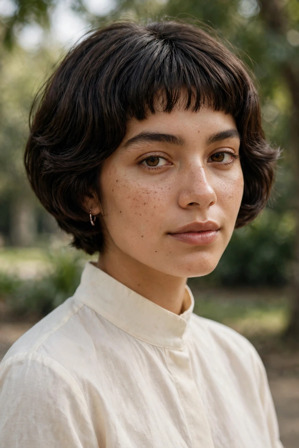 Woman with a stacked bob with short micro bangs and rounded back layers