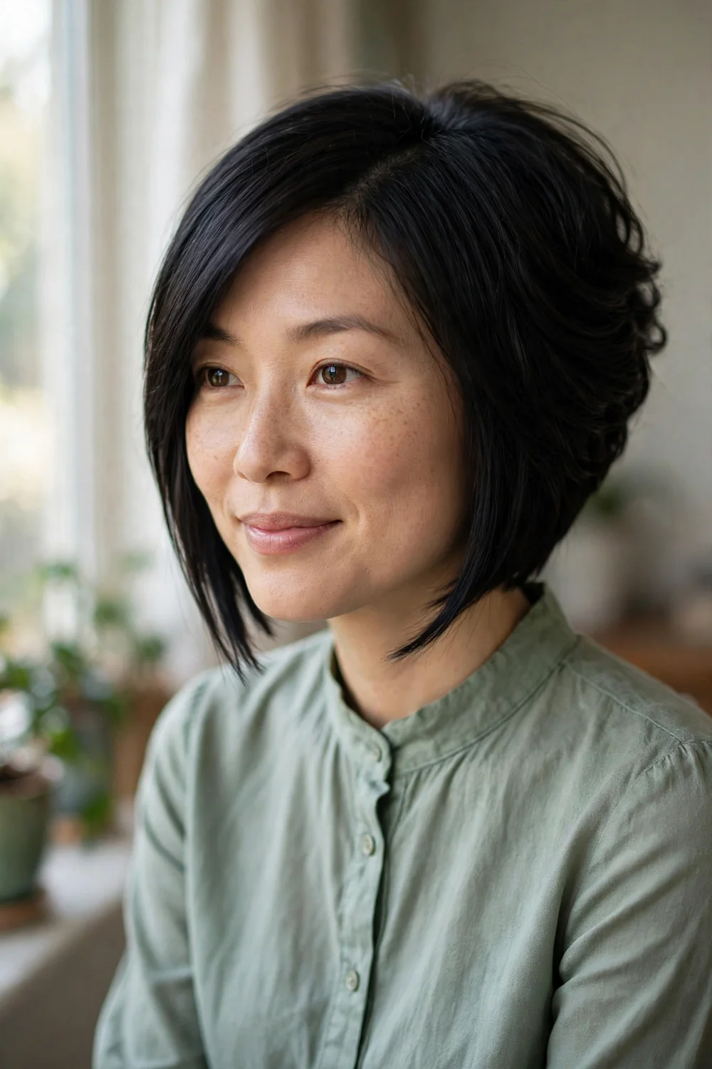 Woman with a stacked bob with side-swept bangs and back volume