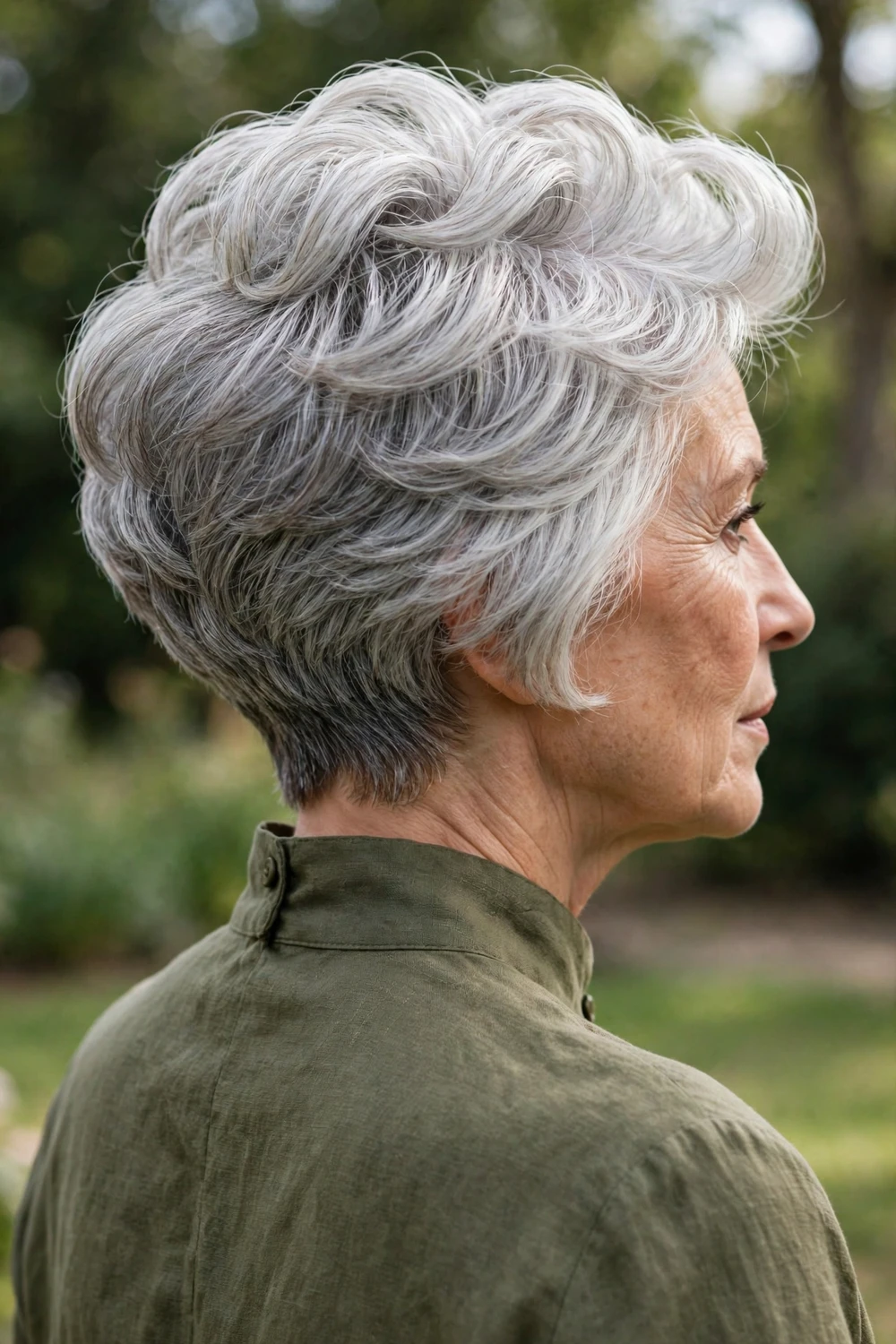 Woman with a stacked bob with a neatly tapered nape and clean neckline