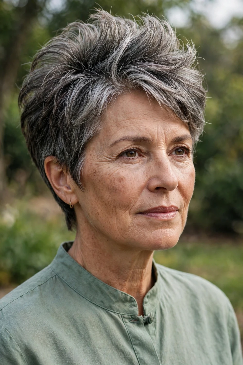 Woman with a stacked pixie-bob blending short crop and bob length