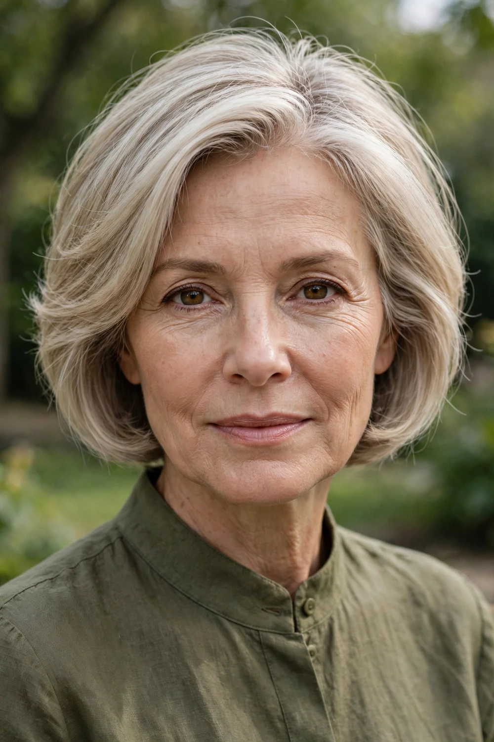 Woman with a subtly stacked bob with gentle graduation on fine hair