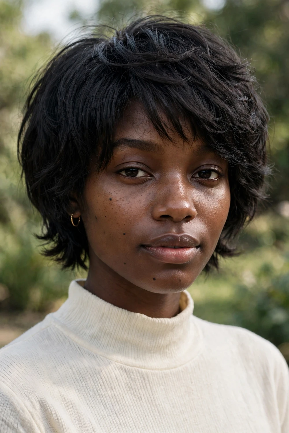Woman with a textured stacked bob with choppy piecey layers at the back