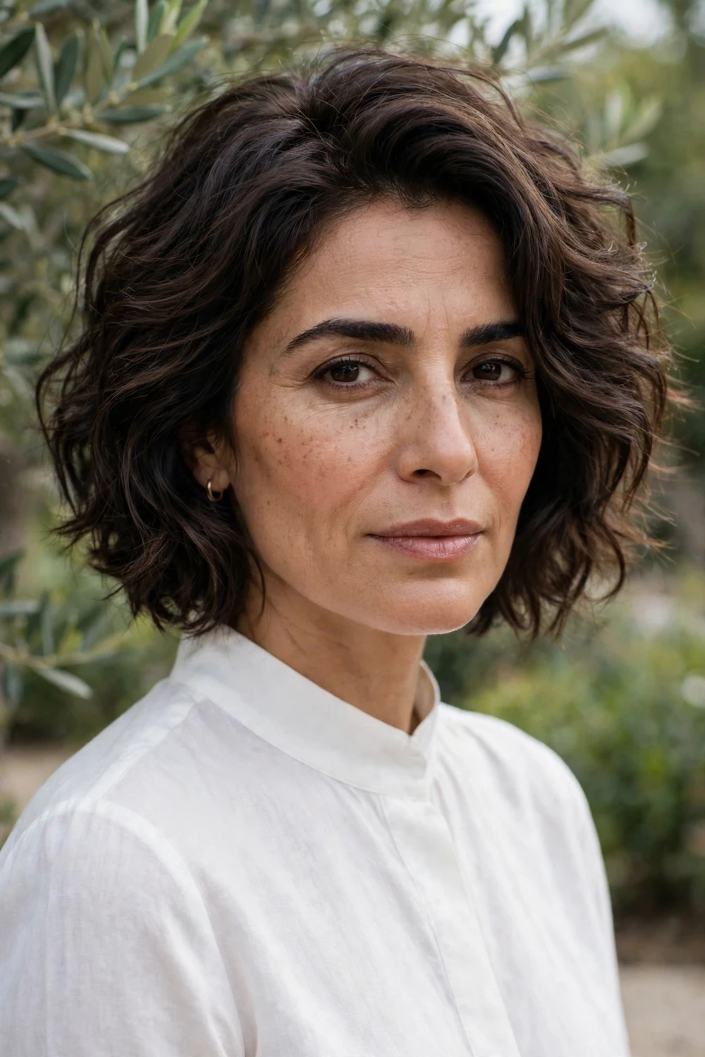 Woman with a wavy stacked bob with tousled loose waves and volume