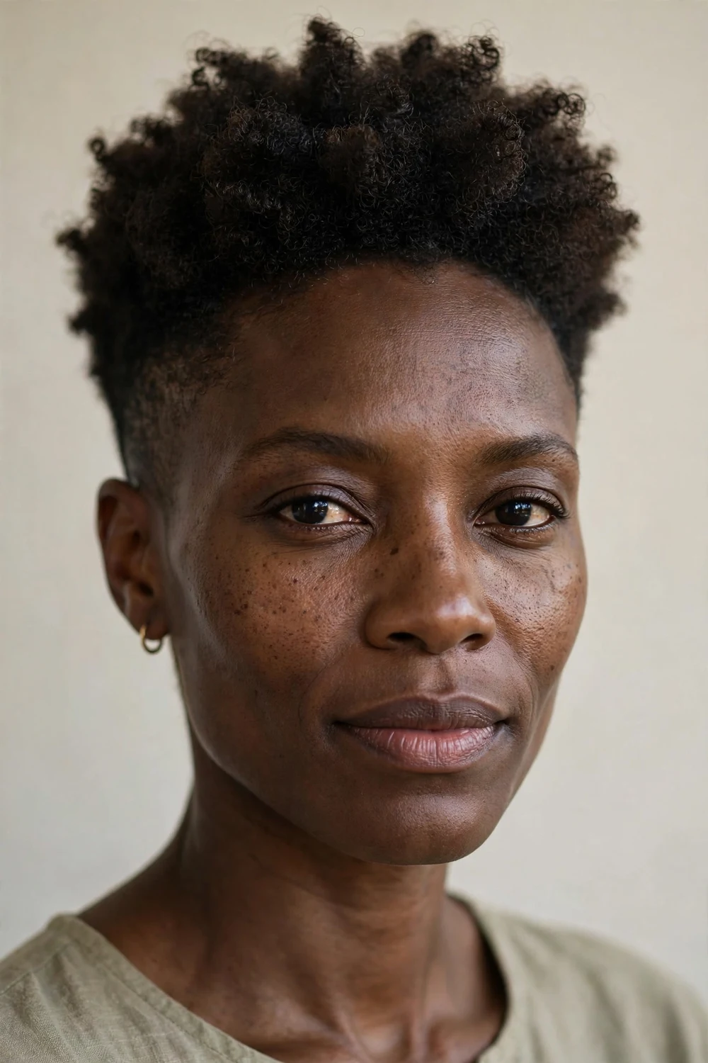 Short tapered afro with rounded silhouette on a woman with a square face