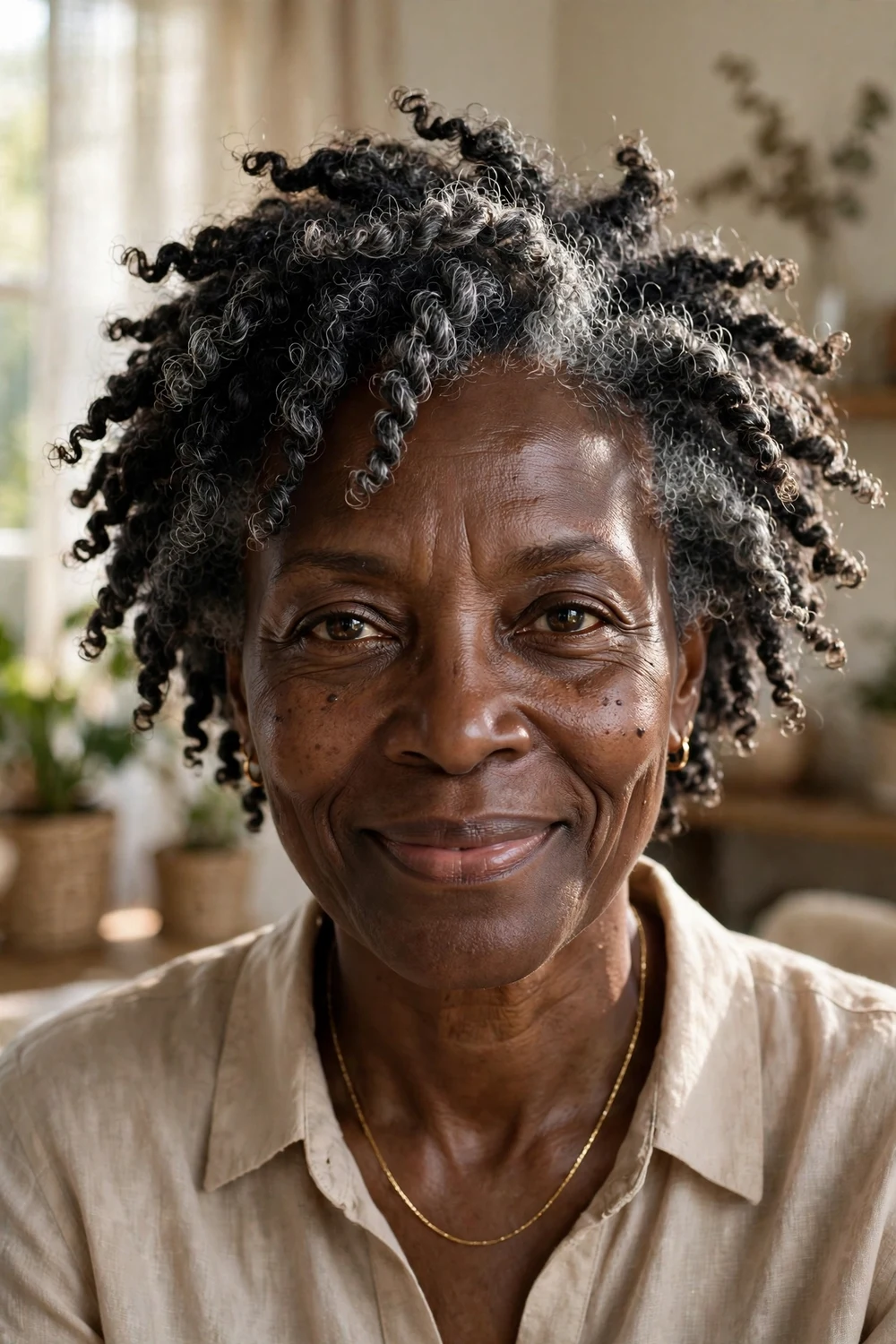 Older Black woman with a short twist-out style with definition
